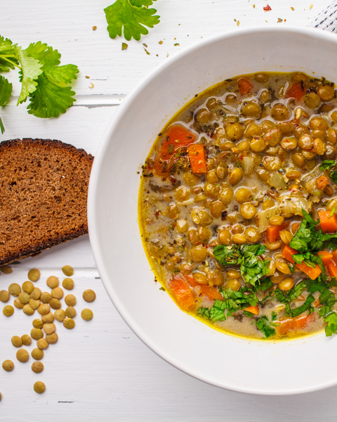 Lemony Lentil Soup with Herbed Goat Cheese Crostini