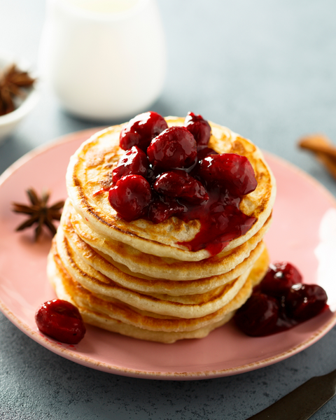 Cinnamon Mascarpone Pancakes with Warm Cherry Balsamic Sauce